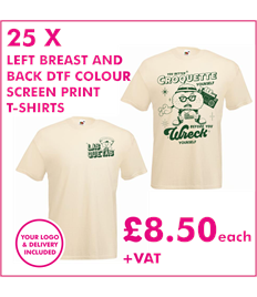 25 DTF Screen printed T-shirts with left breast and back print